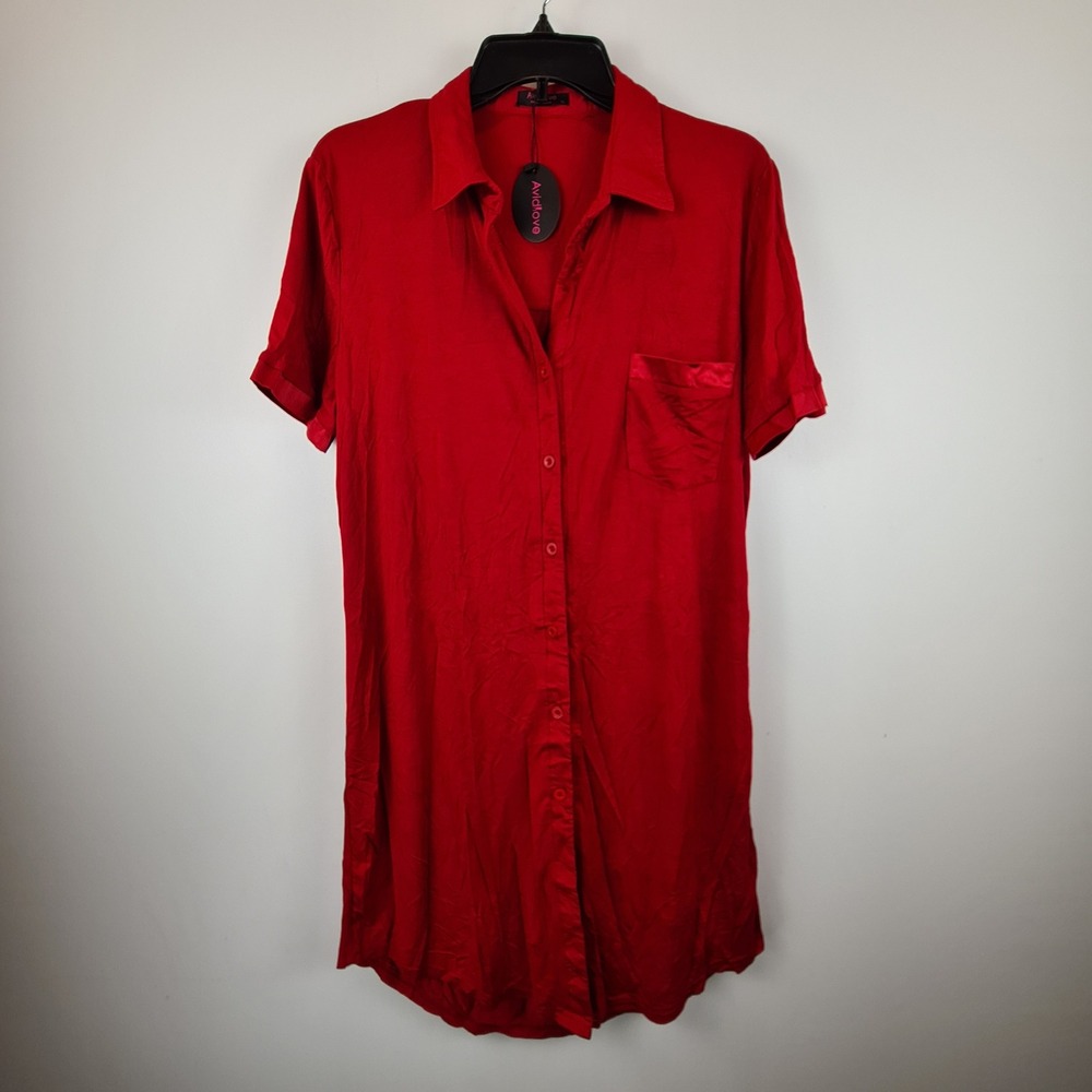 Avidlove Red Button Down Sleep Shirt Nightgown Short Sleeve Satin Trim XL NEW